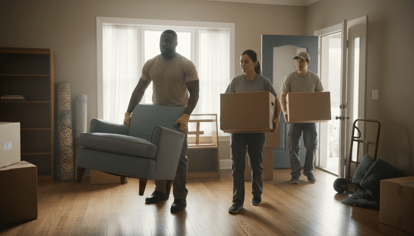 Empty house interior with movers removing furniture and boxes