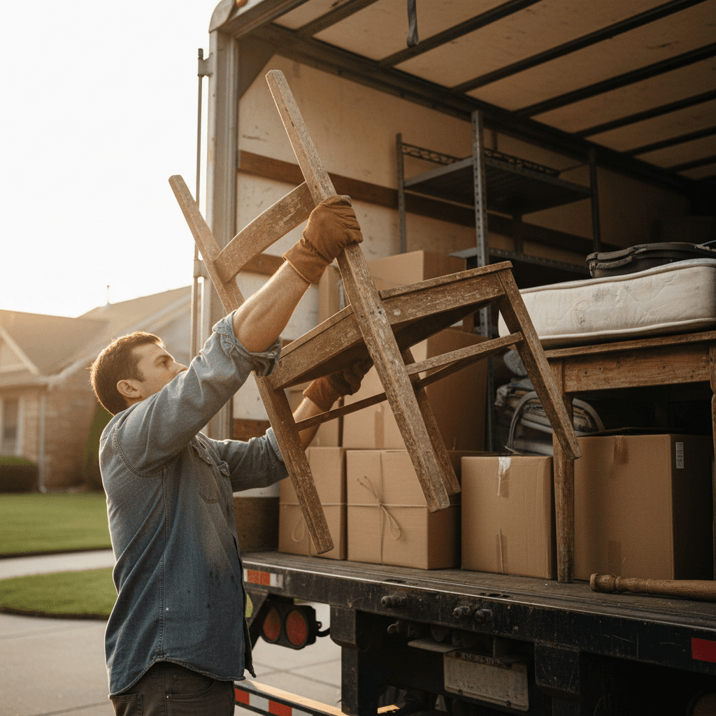 Worker loading old furniture into a junk removal truck in a suburban driveway