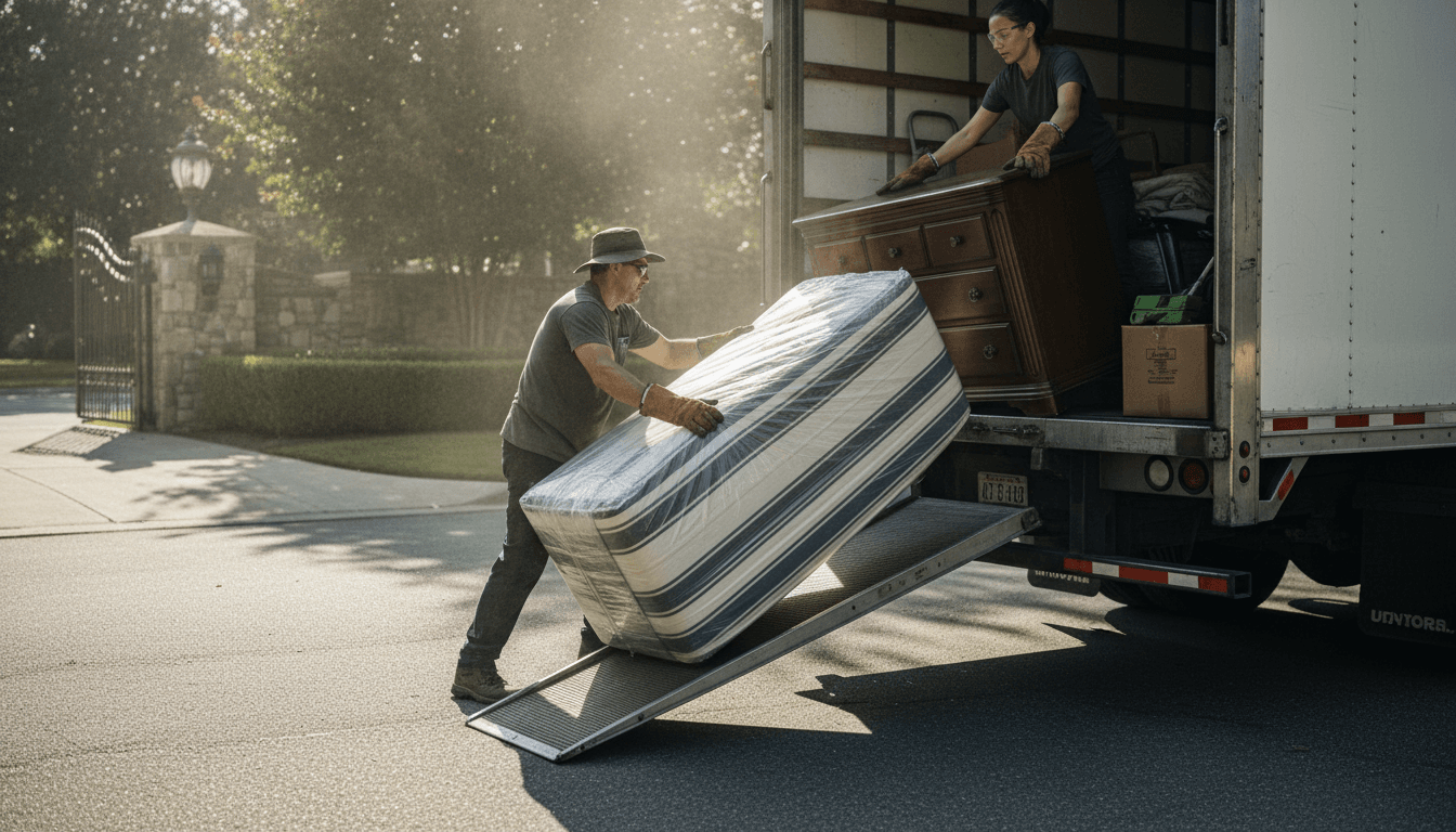 Worker loading old furniture into a dump truck in a residential driveway