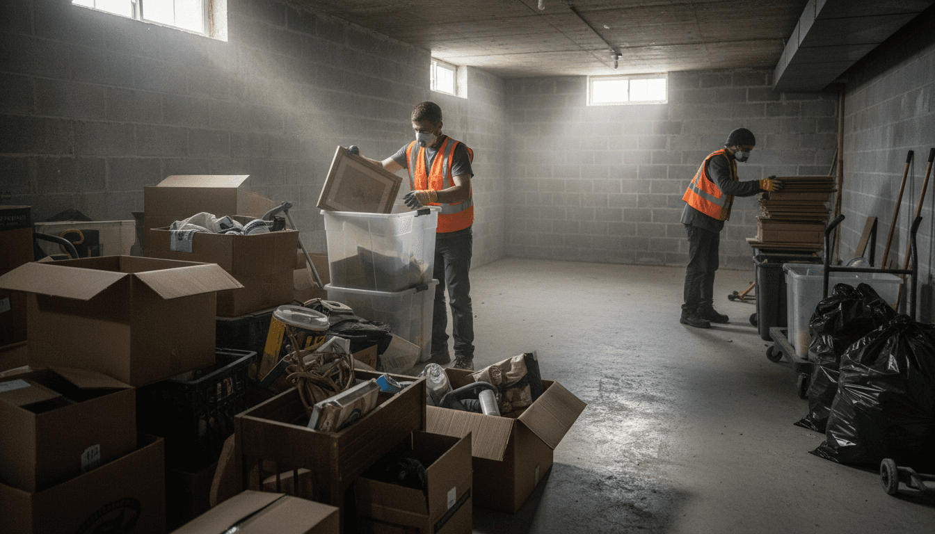 Dark basement filled with old furniture and boxes