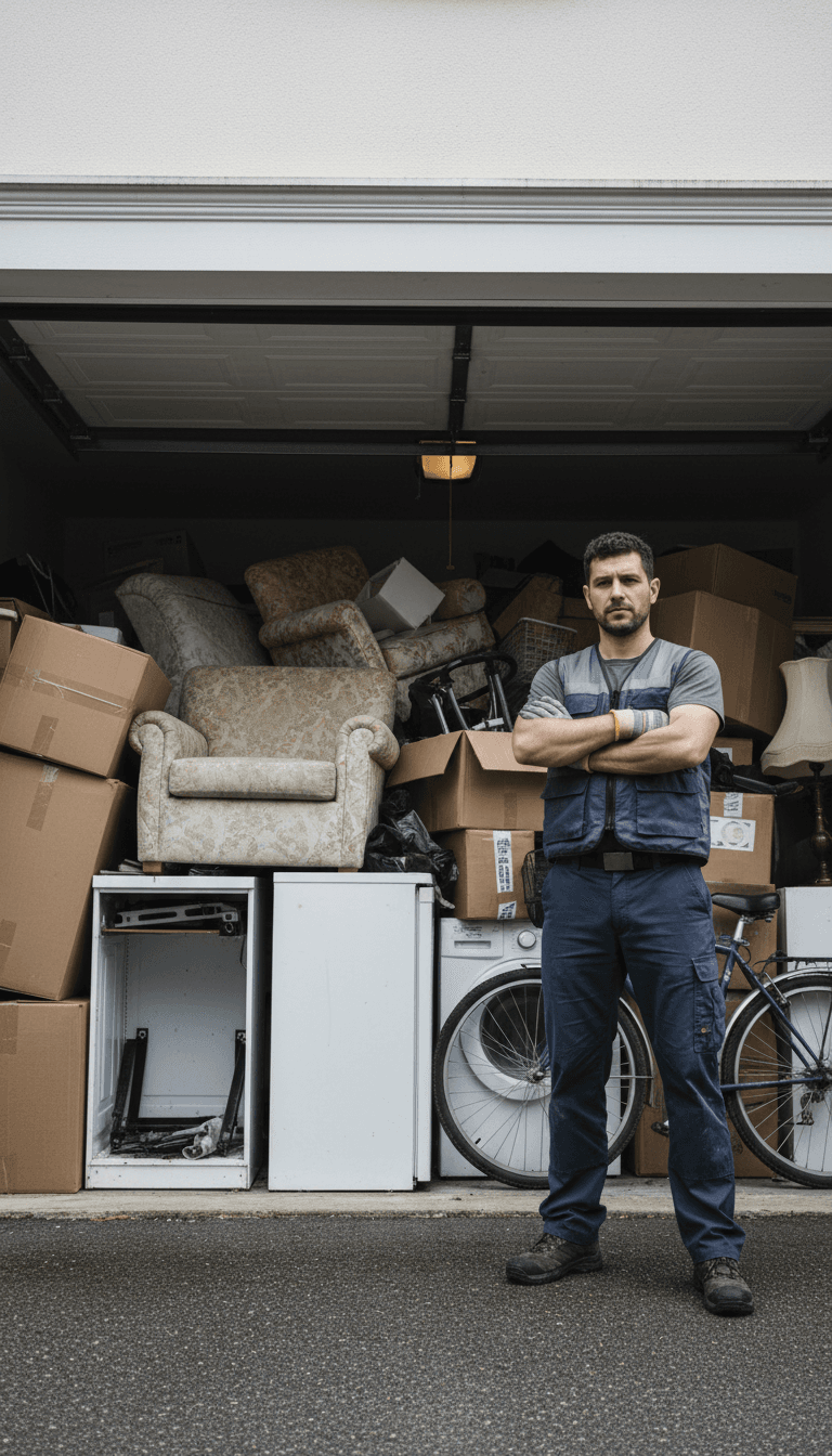 Cluttered garage with boxes and items being cleared out