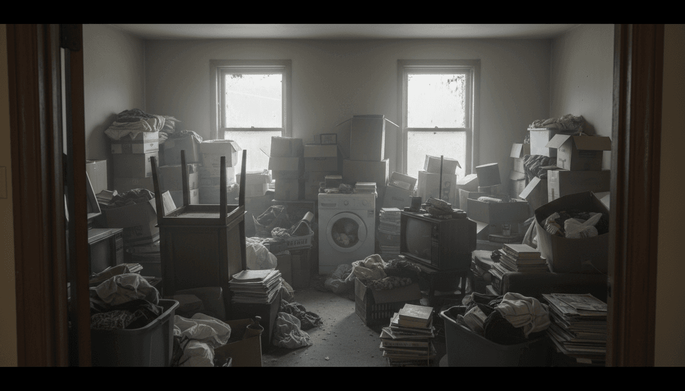Cluttered residential living room filled with stacked furniture and miscellaneous items before junk removal service